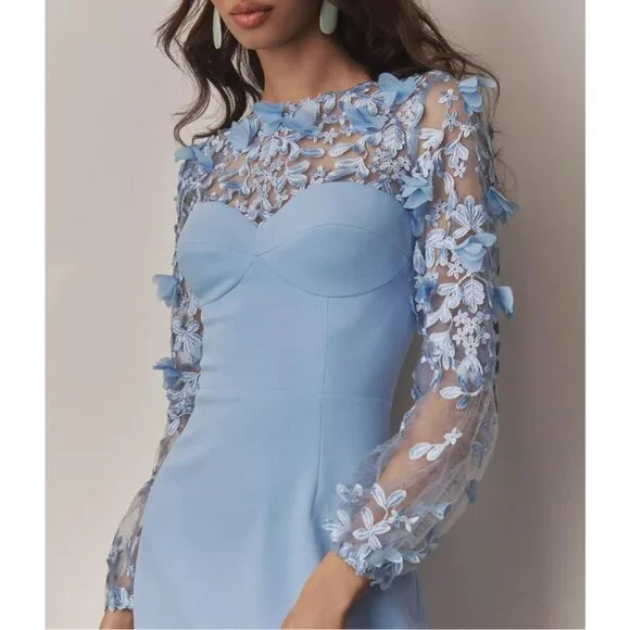 NWT Dress the Population Mila Floral Applique Mini Dress in Sky